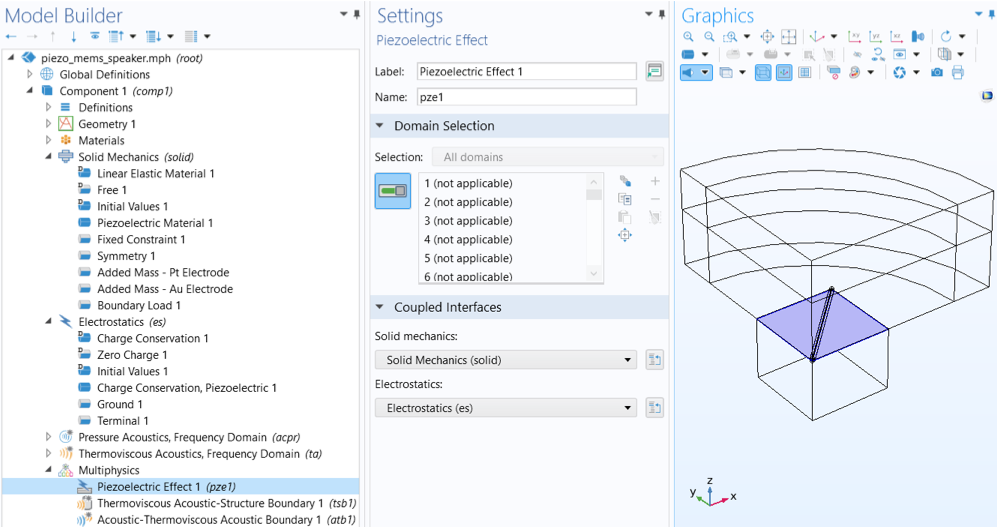 The COMSOL Multiphysics UI showing the Model Builder with the Piezoelectric Effect feature selected, the corresponding Settings window, and a piezoelectric MEMS speaker model in the Graphics window.
