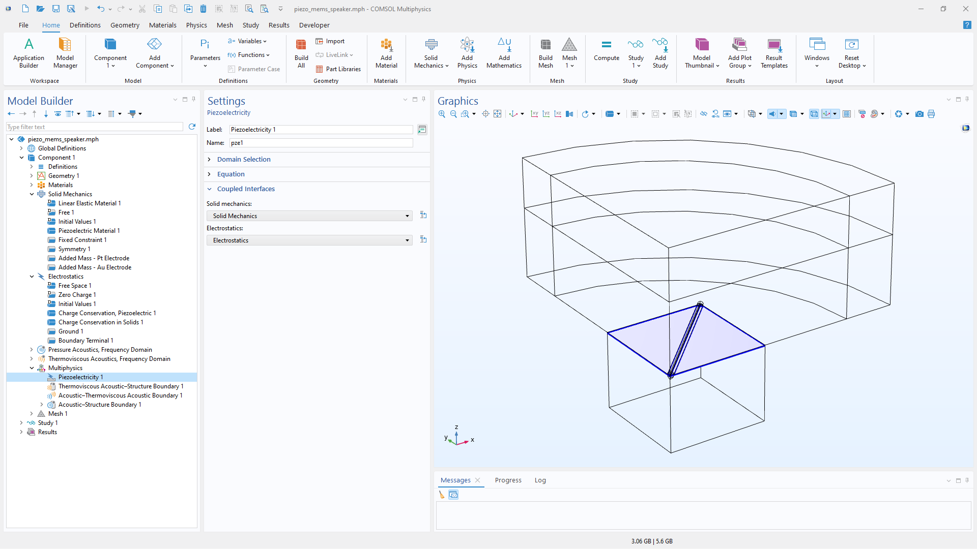 The COMSOL Multiphysics UI showing the Model Builder with the Piezoelectricity coupling feature selected, the corresponding Settings window, and a piezoelectric MEMS speaker model in the Graphics window