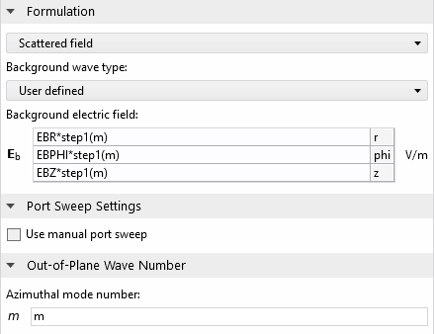 A screenshot of the scattered field formulation showing the Background wave type and Background electric field settings.