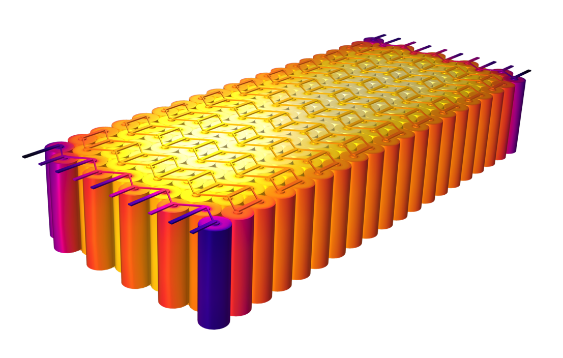 Показано распределение температуры в 3D модели аккумуляторной батареи, состоящей из 200 элементов.