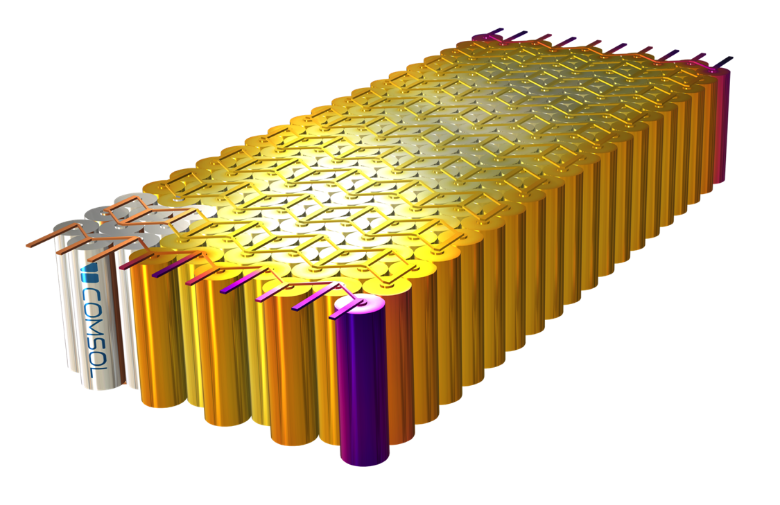 A 3D model of a battery pack with 200 cells rendered by the Lithium Battery Pack Designer app.