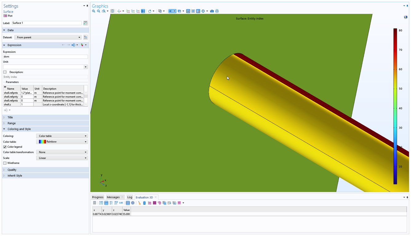 The COMSOL Multiphysics UI showing the Settings window of the Surface option with the Data, Expression, Coloring and Style sections expanded, and a 3D cylindrical model in the Graphics window.