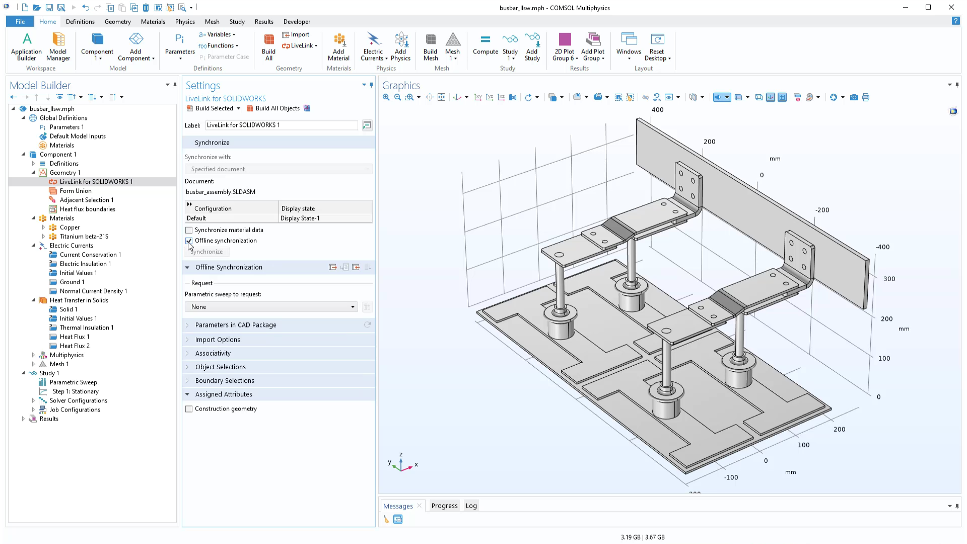 The COMSOL Multiphysics version 6.0 UI with a busbar geometry in the Graphics window and the settings for LiveLink for SOLIDWORKS with the Offline Synchronization section expanded.