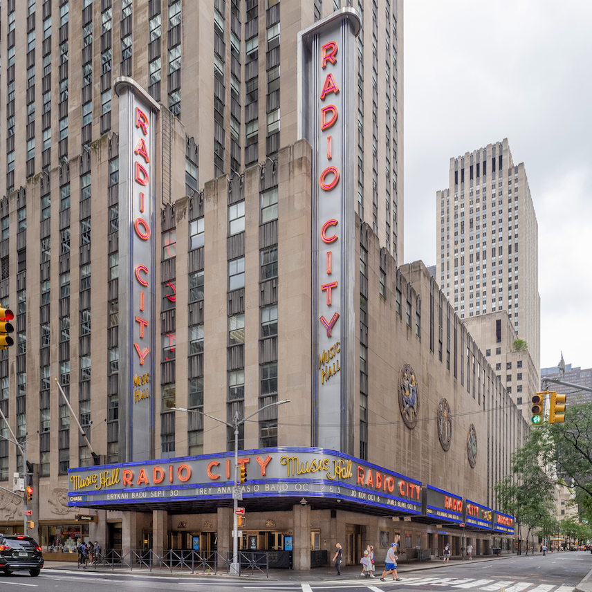 A photo of the exterior of Radio City Music Hall.