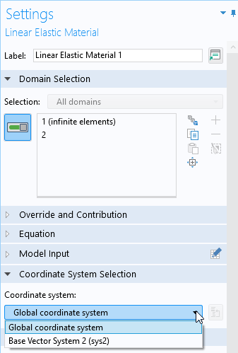A screenshot of the Linear Elastic Material's Settings window, with the Domain Selection and Coordinate System Selection sections expanded.