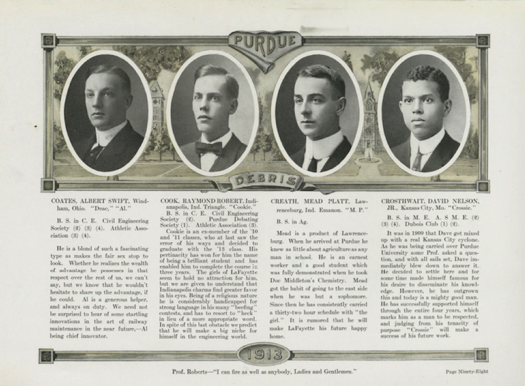 An excerpt from the 1913 Purdue University yearbook showing photo portraits of four students, with David Crosthwait's photo on the right.