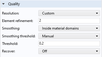 Solid Mechanical界面中默认绘图的质量部分的屏幕截图。“分辨率”（Resolution）选项设置为“自定义”（Custom）、“元素细化”（Element Refinection）选项设置为2、“平滑”（Smoothing）选项设置为“内部材质域”（Inside material domains）、“平滑阈值”（Smoothing threshold）选项设置为“手动”（Manual）、“阈值”（threshold）选项设置为0.2，“恢复”（Recover）选项禁用。