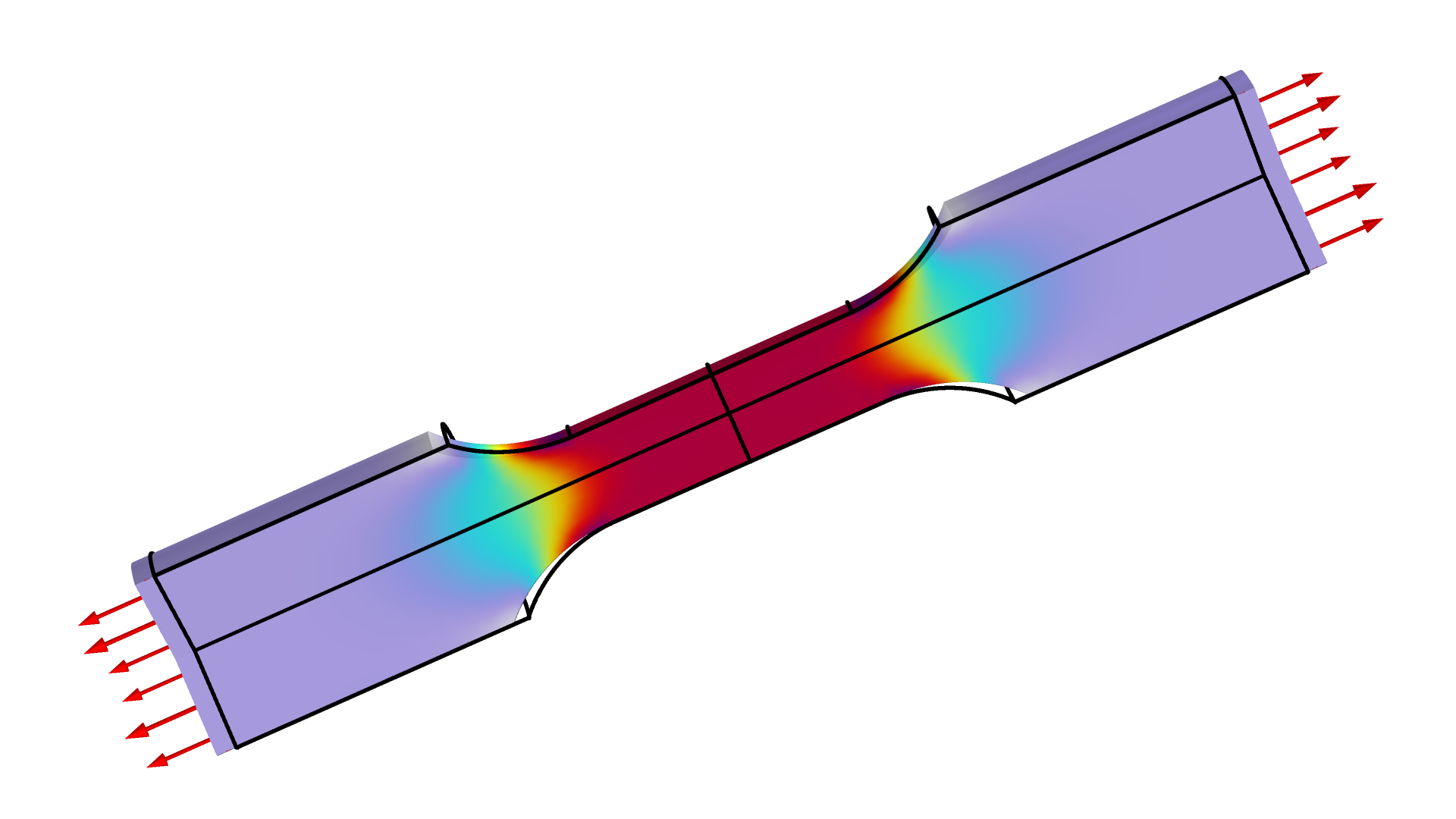 引張試験の応力を示すモデル. 両端が紫色で外側に矢印があり, 中央が赤色になっています.