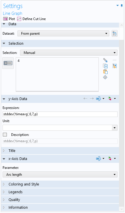 A screenshot of the Settings window showing a variety of sections open in the Line Graph node, including Data, Selection, y-Axis Data, and x-Axis.