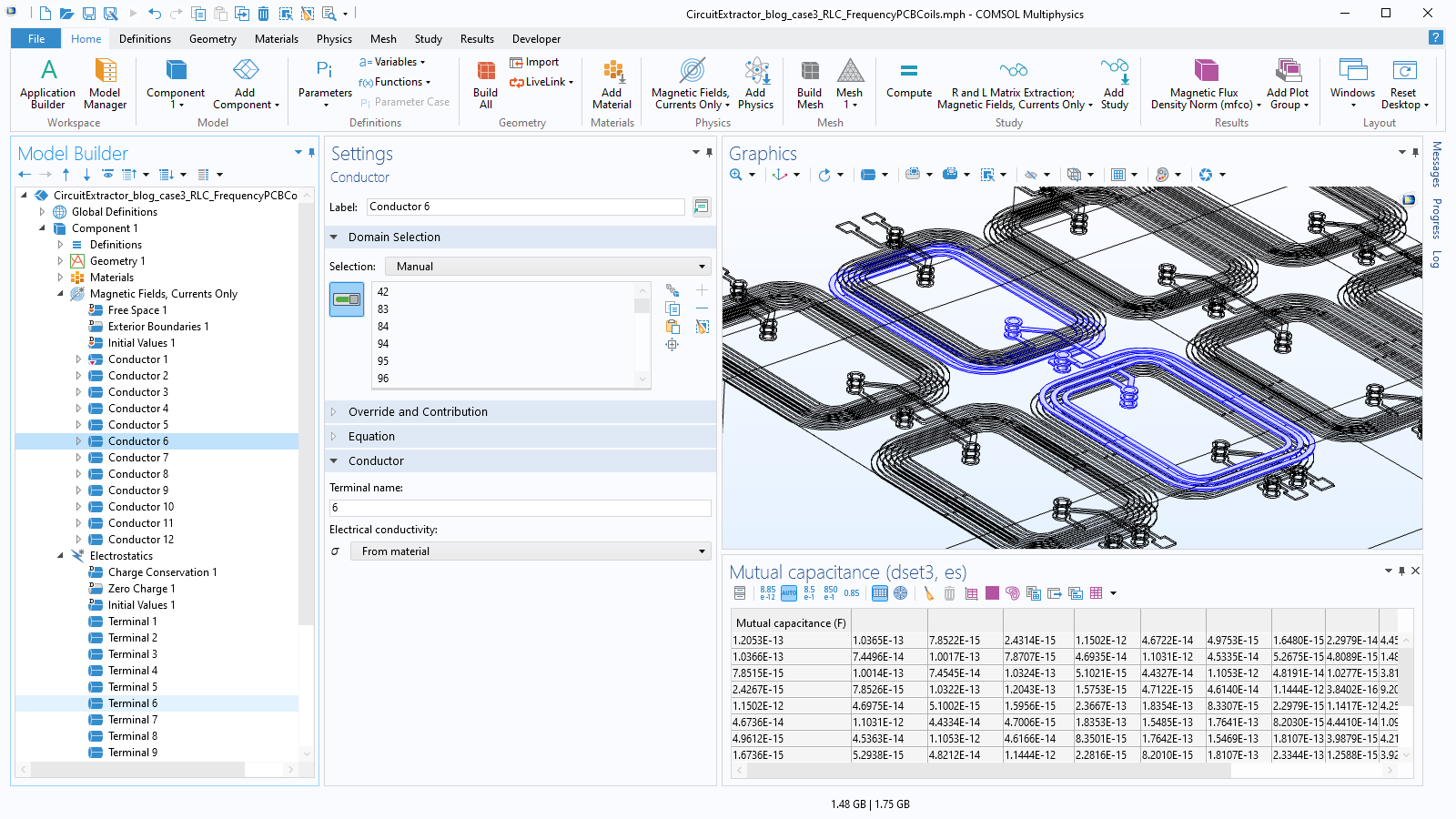 The COMSOL Multiphysics UI showing the Model Builder with the Conductor 6 feature selected; the corresponding Settings window, with the Domain Selection and Conductor sections expanded; and a model of 12 PCB coils in the Graphics window.