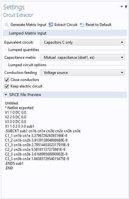 A screenshot of the Settings window for the Circuit Extractor add-in, with the Lumped Matrix Input and SPICE File Preview sections expanded.