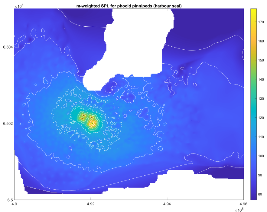 噪音地图显示了来自运行中的潮汐阵列的累积声压级，以米为单位的港湾海豹的听力阈值。