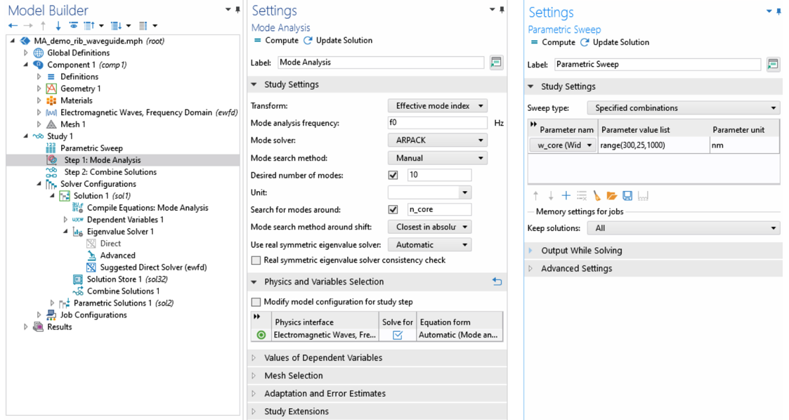 Two side-by-side screenshots of the COMSOL Multiphysics UI showing the Model Builder with the Mode Analysis node selected and the corresponding Settings window (left) and the Settings window for the Parametric Sweep with the Study Settings section expanded (right).