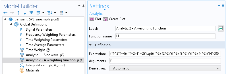 A closeup view of the COMSOL Multiphysics UI showing the Model Builder with Analytic 2 - A weighting function (H) highlighted and the corresponding Settings window with the Definition section expanded.