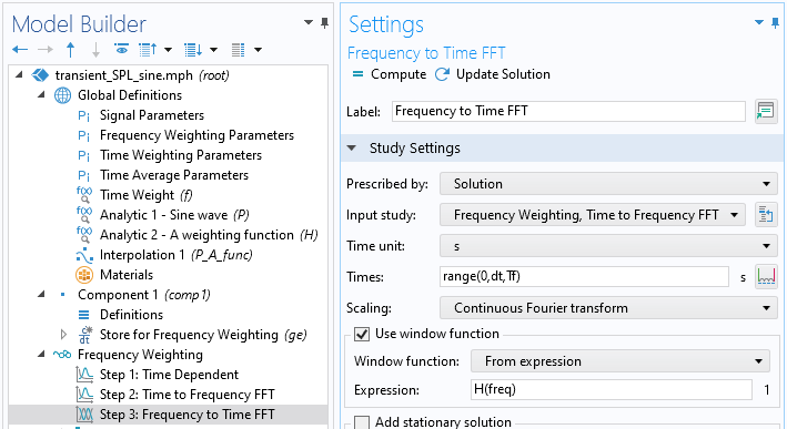 A closeup view of the COMSOL Multiphysics UI showing the Model Builder with Step 3: Frequency to Time FFT highlighted and the corresponding Settings window with the Study Settings section expanded.