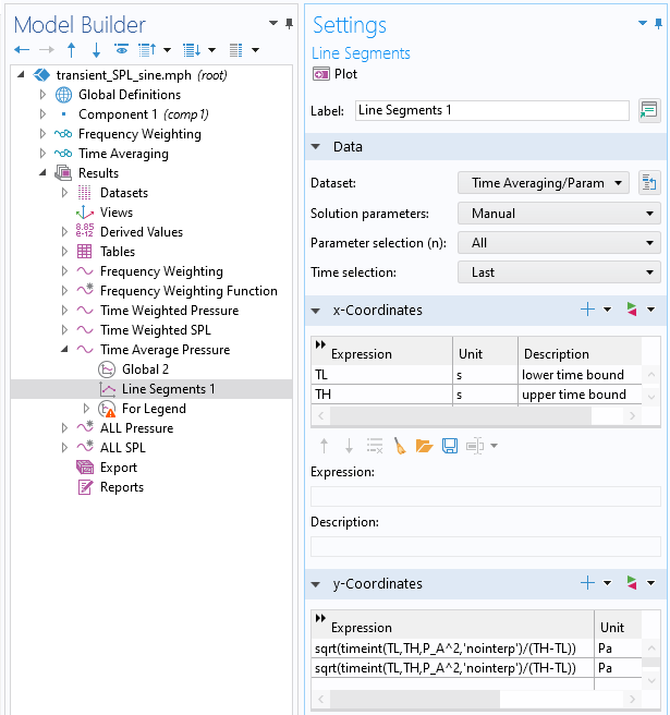 A closeup view of the COMSOL Multiphysics UI showing the Model Builder with Line Segments 1 highlighted and the corresponding Settings window with the Data, x-Coordinates, and y-Coordinates sections expanded.