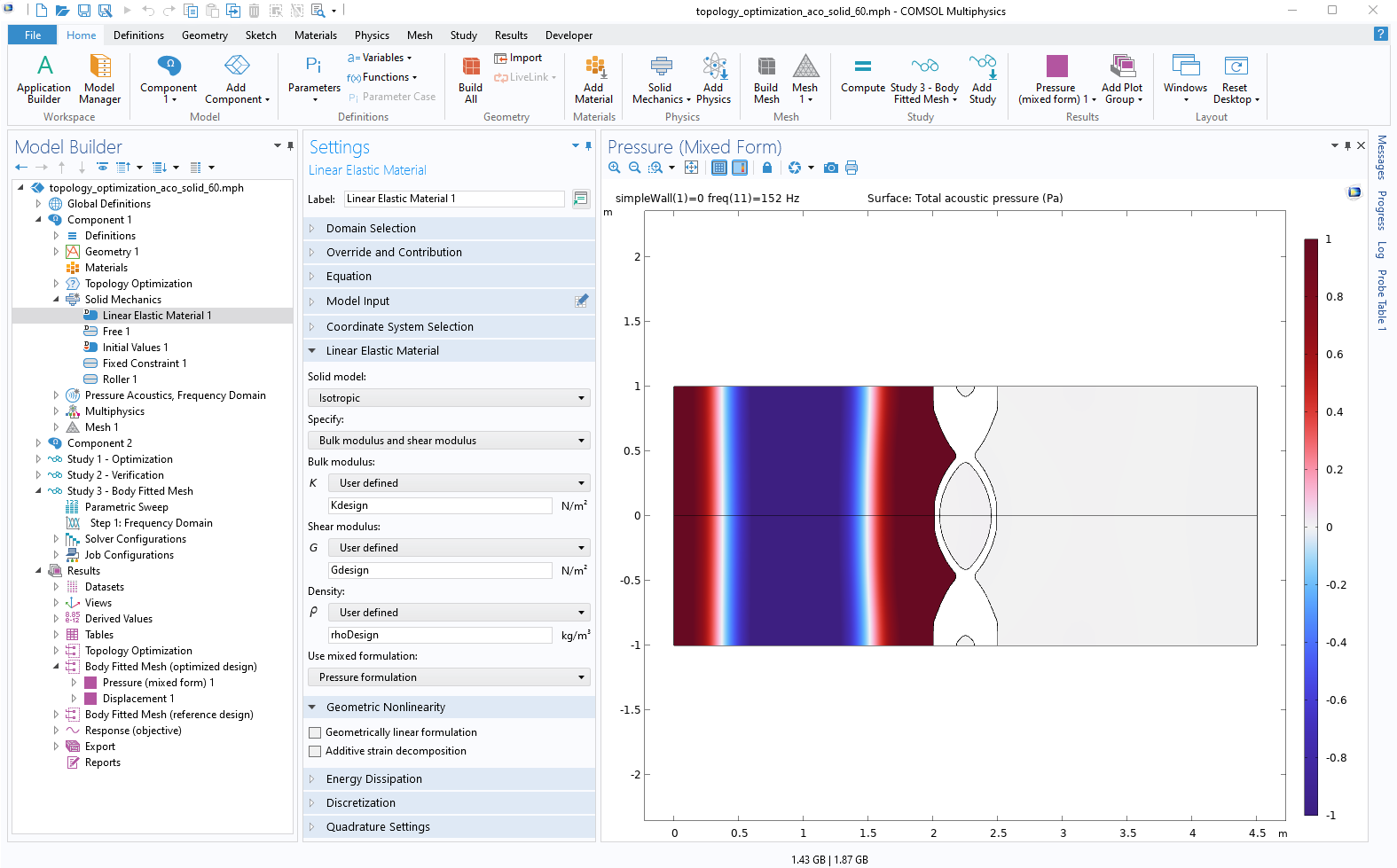 The COMSOL Multiphysics UI showing the Model Builder with the Linear Elastic Material node selected, the corresponding Settings window, and a model that demonstrates topology optimization for a problem involving acoustic-structure interaction in the Graphics window.