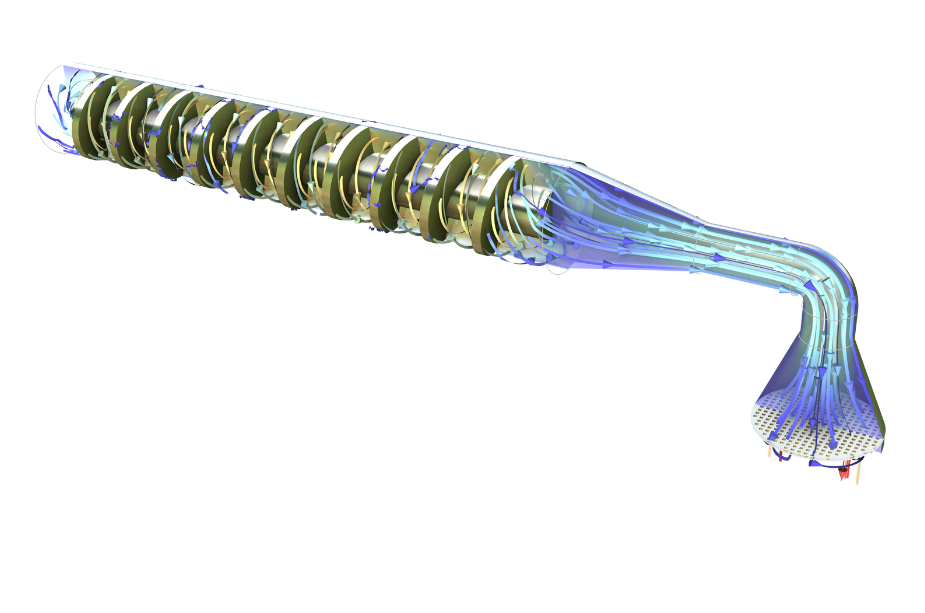 A pasta extruder model showing the flow field in the rainbow color table, where the left end of the model is dark blue; the middle is yellow and blue; and the neck of the nozzle is light blue, but the base and end are dark blue.