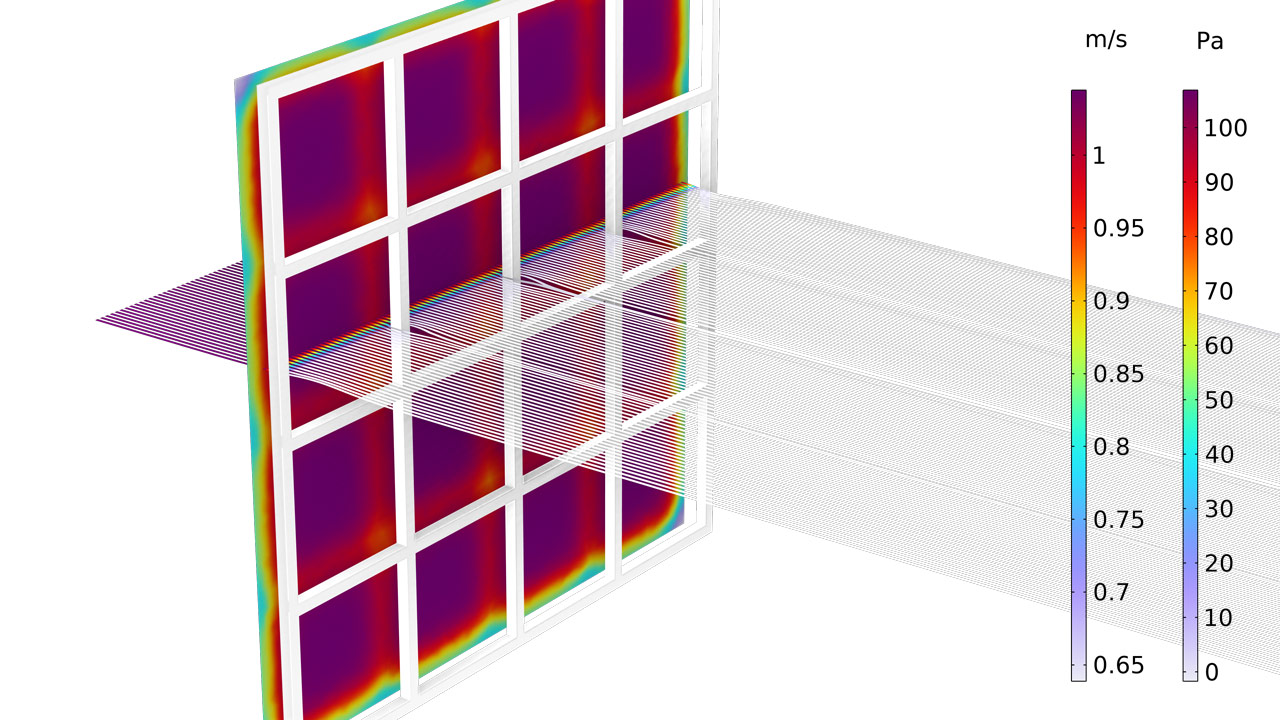 A model image showing velocity streamlines passing through an air filter.