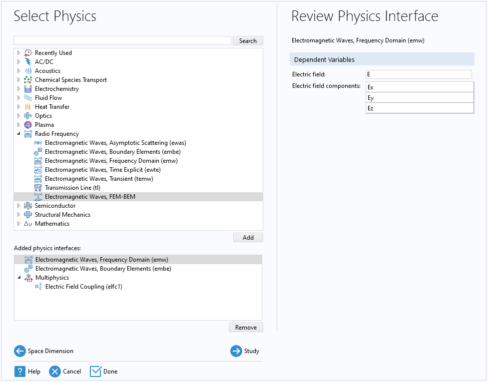 The Select Physics window with the Electromagnetic Waves, FEM-BEM interface selected on the left and the Review Physics Interface window open on the right.