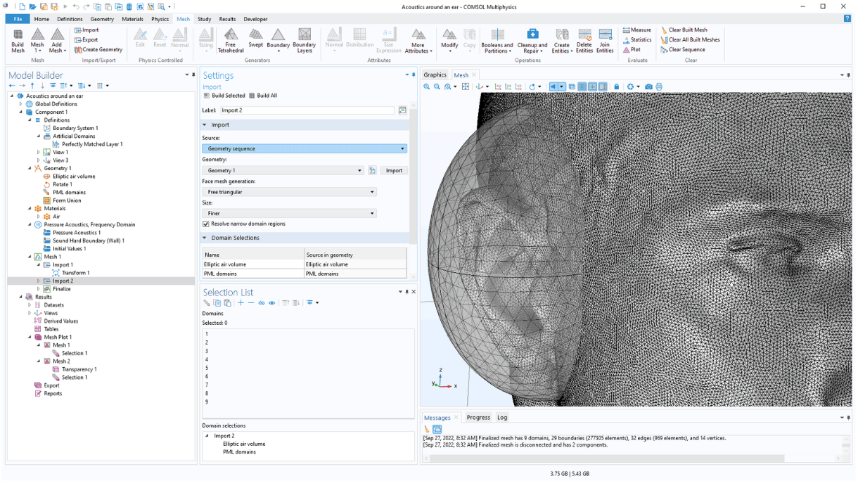 The COMSOL Multiphysics UI showing the Model Builder with the Import operation selected, the corresponding settings window, and the Graphics window with the geometry of an ellipsoid model combined with a mesh of a human head.