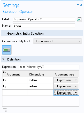 A screenshot of the Expression Operator Settings window with the Geometric Entity Selection and Definition sections expanded.