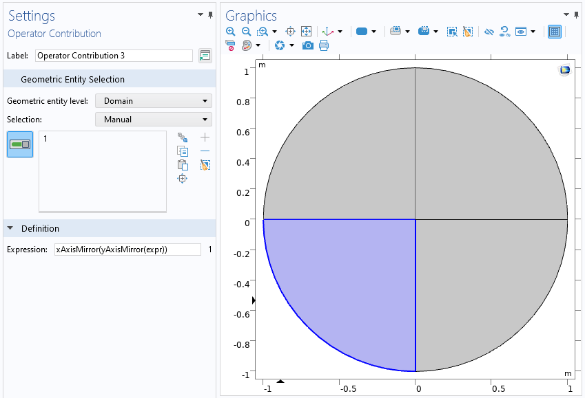 The COMSOL Multiphysics UI showing the Operator Contribution Settings window with the Geometric Entity Selection and Definition sections expanded, and a model of a unit circle in the Graphics window.