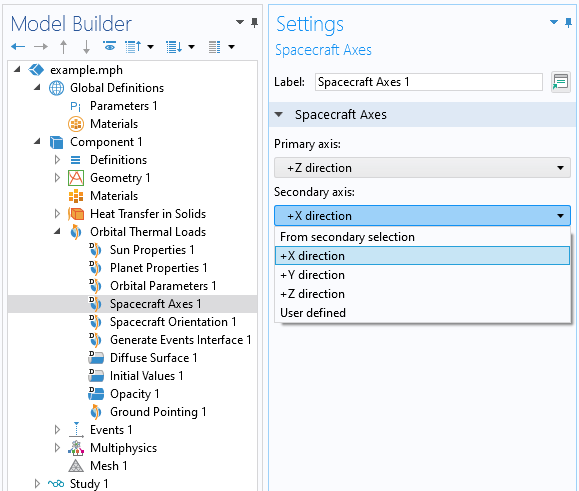 The COMSOL Multiphysics UI showing the Model Builder with the Spacecraft Axes feature highlighted and the corresponding Setting window.