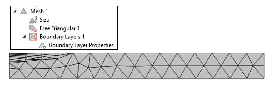 Сверху показано увеличенное изображение развернутого узла Mesh дерева модели, а снизу — построенная расчётная сетка.