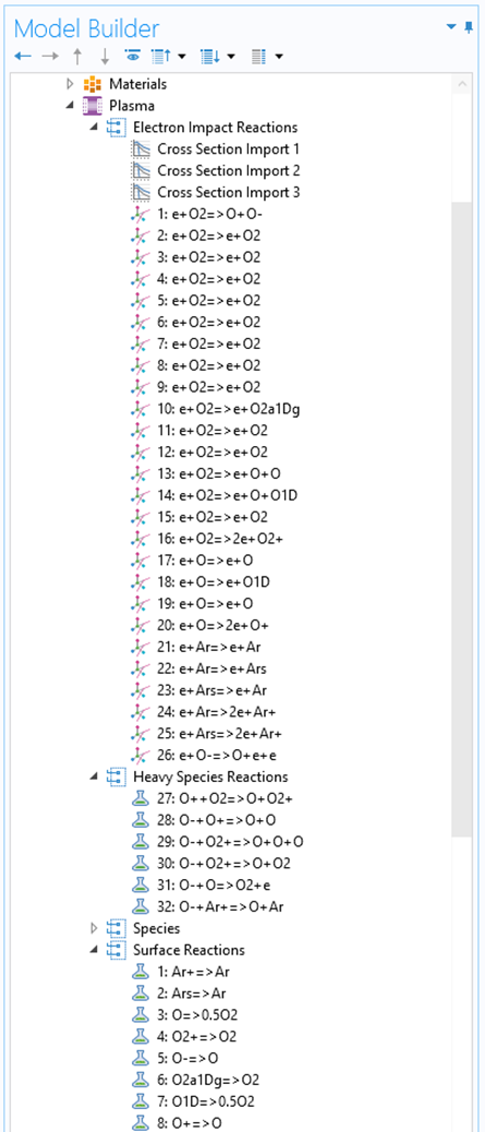 A closeup view of the COMSOL Multiphysics UI showing the Model Builder with the Plasma interface expanded, showing the plasma chemistry for a mixture of argon and oxygen.