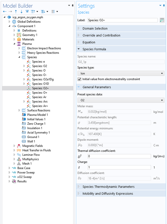 A closeup view of the COMSOL Multiphysics UI showing the Model Builder with Species highlighted and the corresponding Settings window with the Species Formula and General Parameters sections expanded.