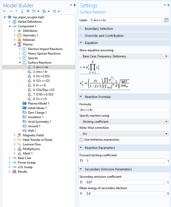 A closeup view of the COMSOL Multiphysics UI showing the Model Builder with Surface Reaction highlighted and the corresponding Settings window with the Equation, Reaction Formula, Reaction Formula, Reaction Parameters, and Secondary Emission Parameters sections expanded.