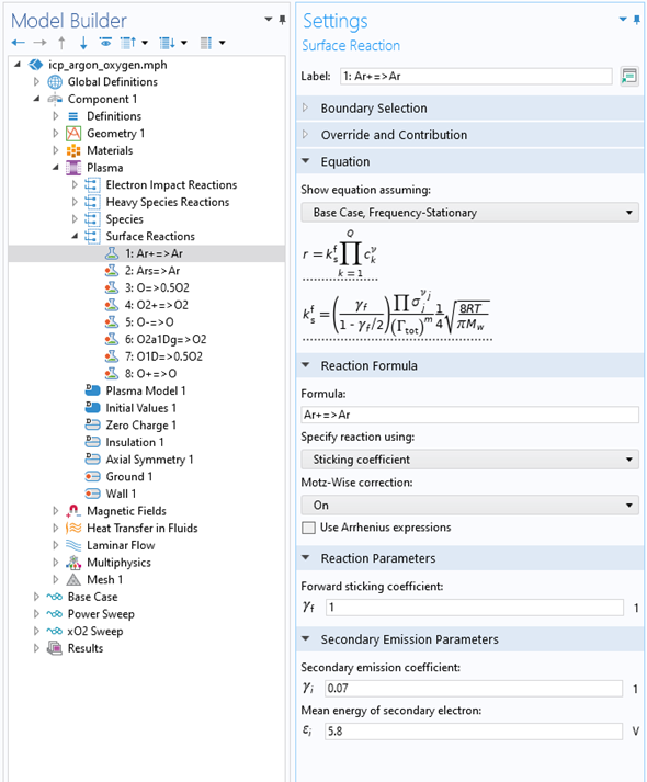 COMSOL Multiphysics用户界面的特写视图，显示了模型开发器，高亮显示了表面反应，展开了相应的设置窗口中的方程、反应公式、反应方程式、反应参数和二次排放参数部分。