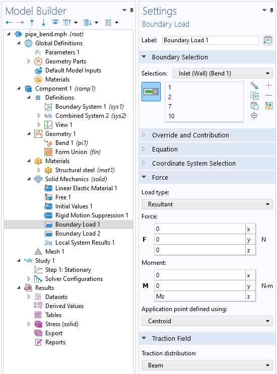 A view of the COMSOL Multiphysics UI showing the Model Builder with the Boundary Load 1 node highlighted and the corresponding Settings window with the Boundary Selection, Force, and Traction Field sections expanded.