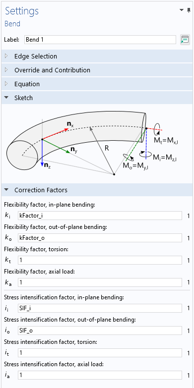 A screenshot of the Settings window showing the Sketch and Correction Factors sections of the Bend feature.