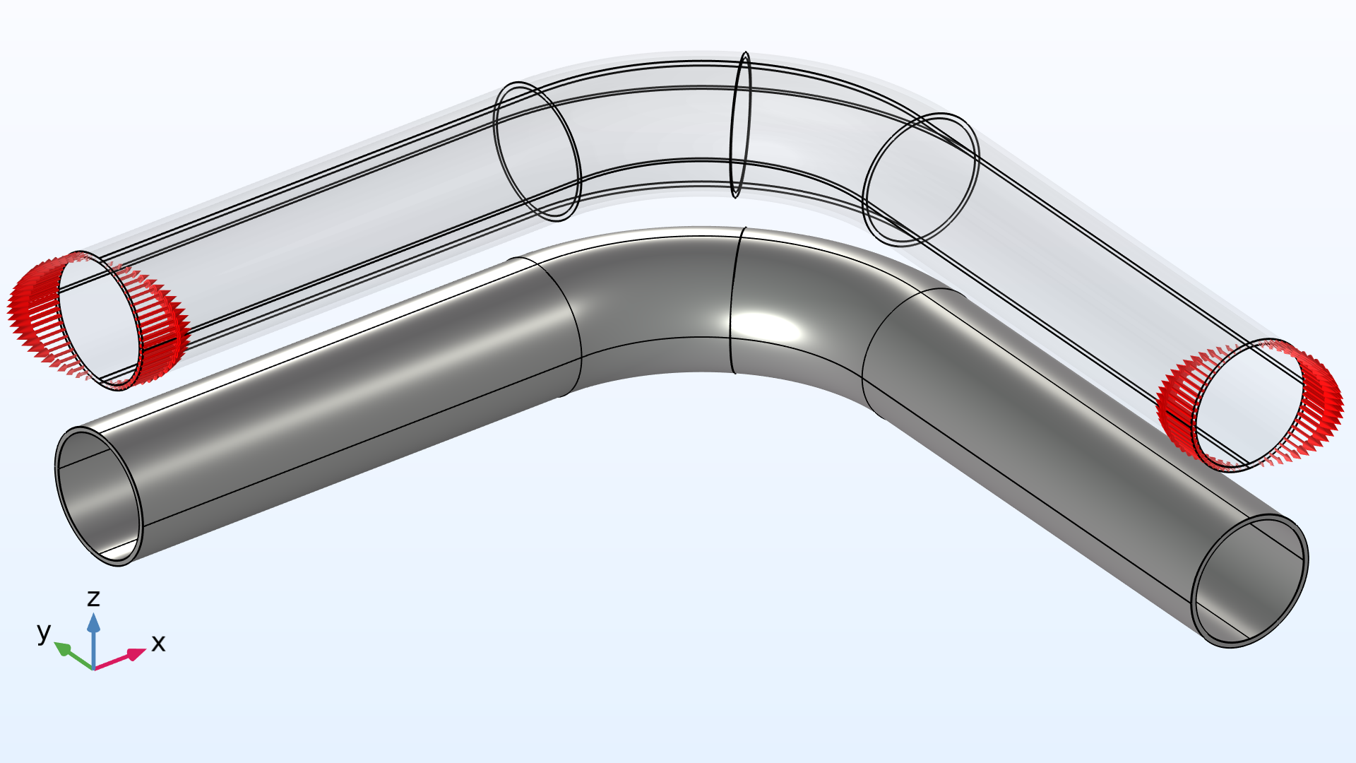 The geometry of a curve pipe (bottom) and its straight legs loaded in pure bending (top).