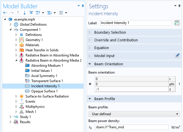 The COMSOL Multiphysics UI showing the Model Builder with the Incident Intensity 1 feature highlighted and the corresponding Settings window with the Beam Orientation and Beam Profile sections expanded. Here, the Beam profile option is set to User defined.