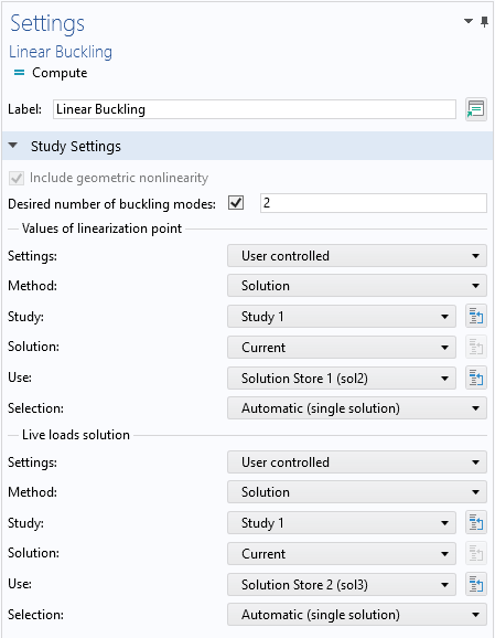 A screenshot of the Settings window showing the Study Settings section open in the Linear Buckling study.