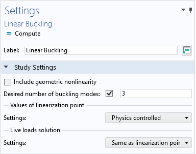 A screenshot of the Settings window showing the Study Settings section of the Linear Buckling study.