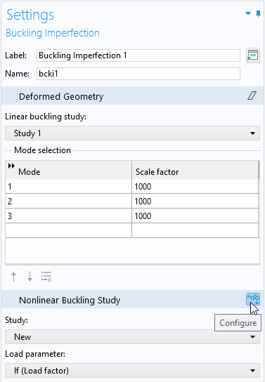 A screenshot of the Settings window showing the Deformed Geometry and Nonlinear Buckling Study sections of the Buckling Imperfection node, with a mouse hovered over the Configure button in the Nonlinear Buckling Study section.
