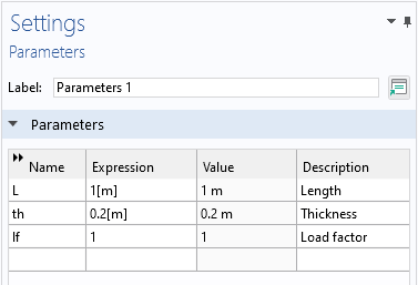 A closeup of the Settings window showing the Parameters section of the Parameters node.