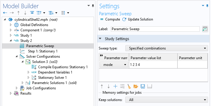 A close-up view of the COMSOL Multiphysics UI showing the Model Builder with the Parametric Sweep node highlighted and the corresponding Settings window with the Study Settings section expanded.