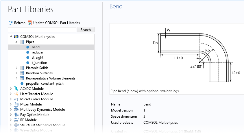 A close-up view of the many built-in geometry parts available in the Part Libraries, such as bend.