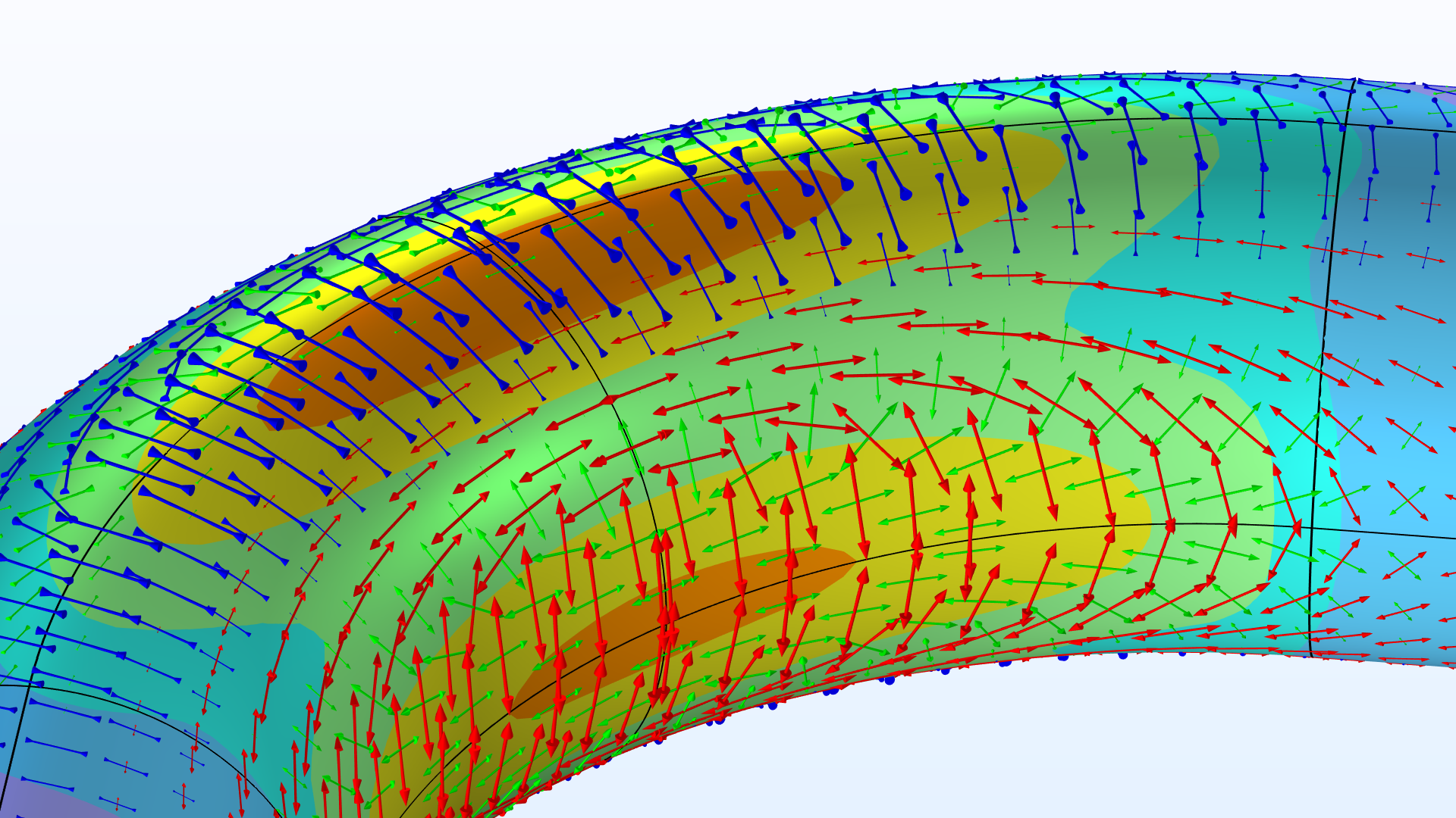 A close-up view of the pipe bend showing the Von Mises stress and principal stresses for a wall thickness of 10 percent.
