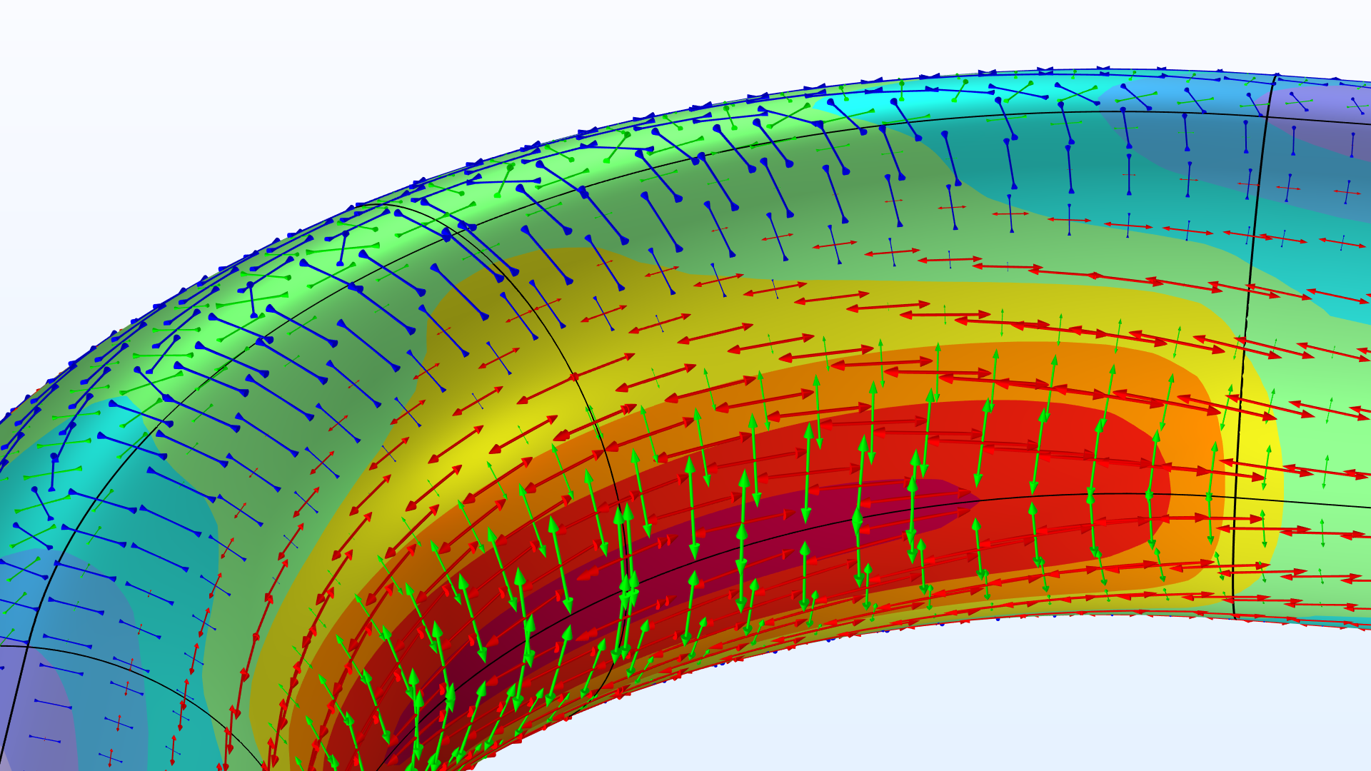 A close-up view of the pipe bend showing the Von Mises stress and principal stresses for a wall thickness of 20 percent.