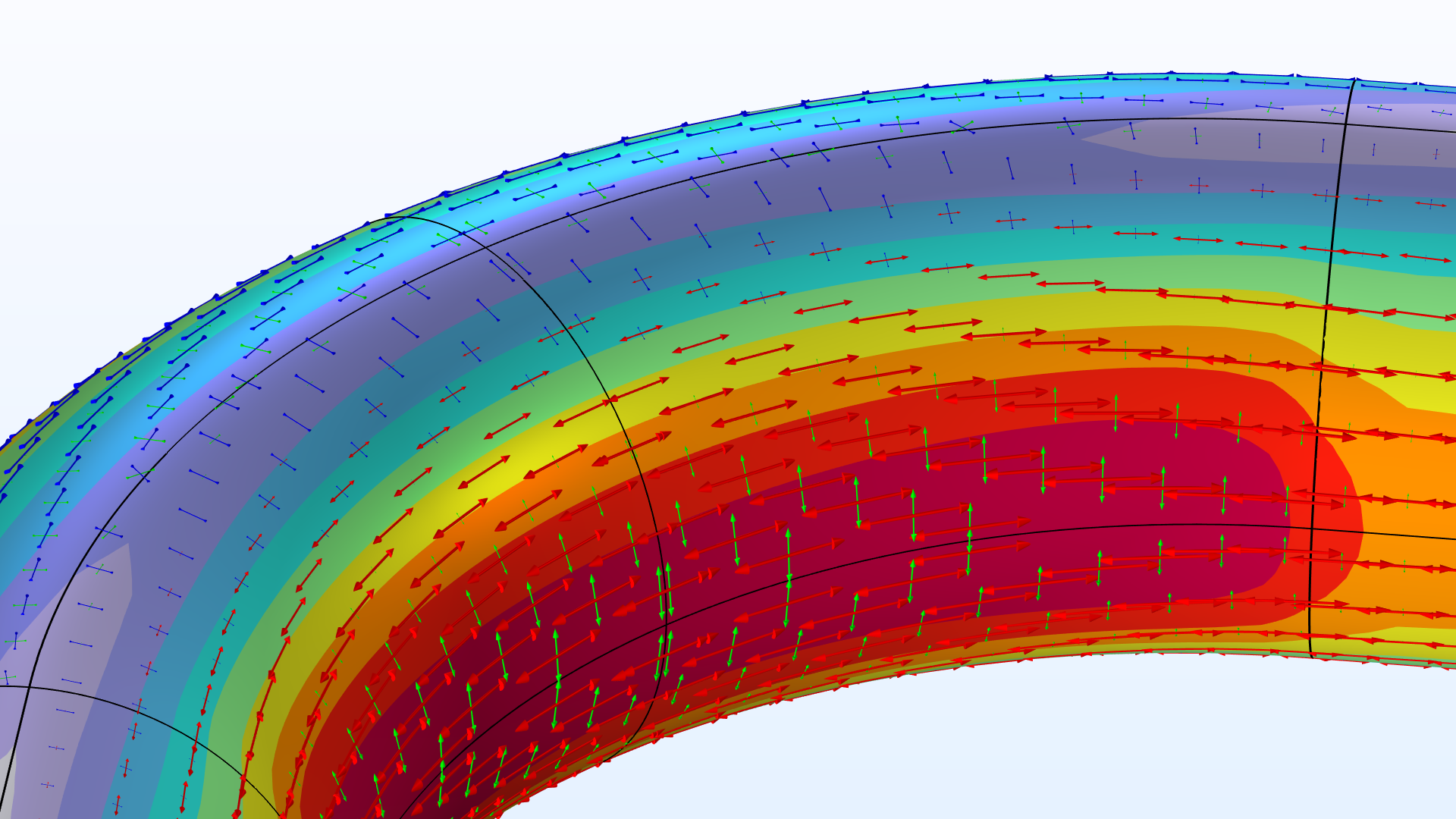 A close-up view of the pipe bend showing the Von Mises stress and principal stresses for a wall thickness of 35 percent.