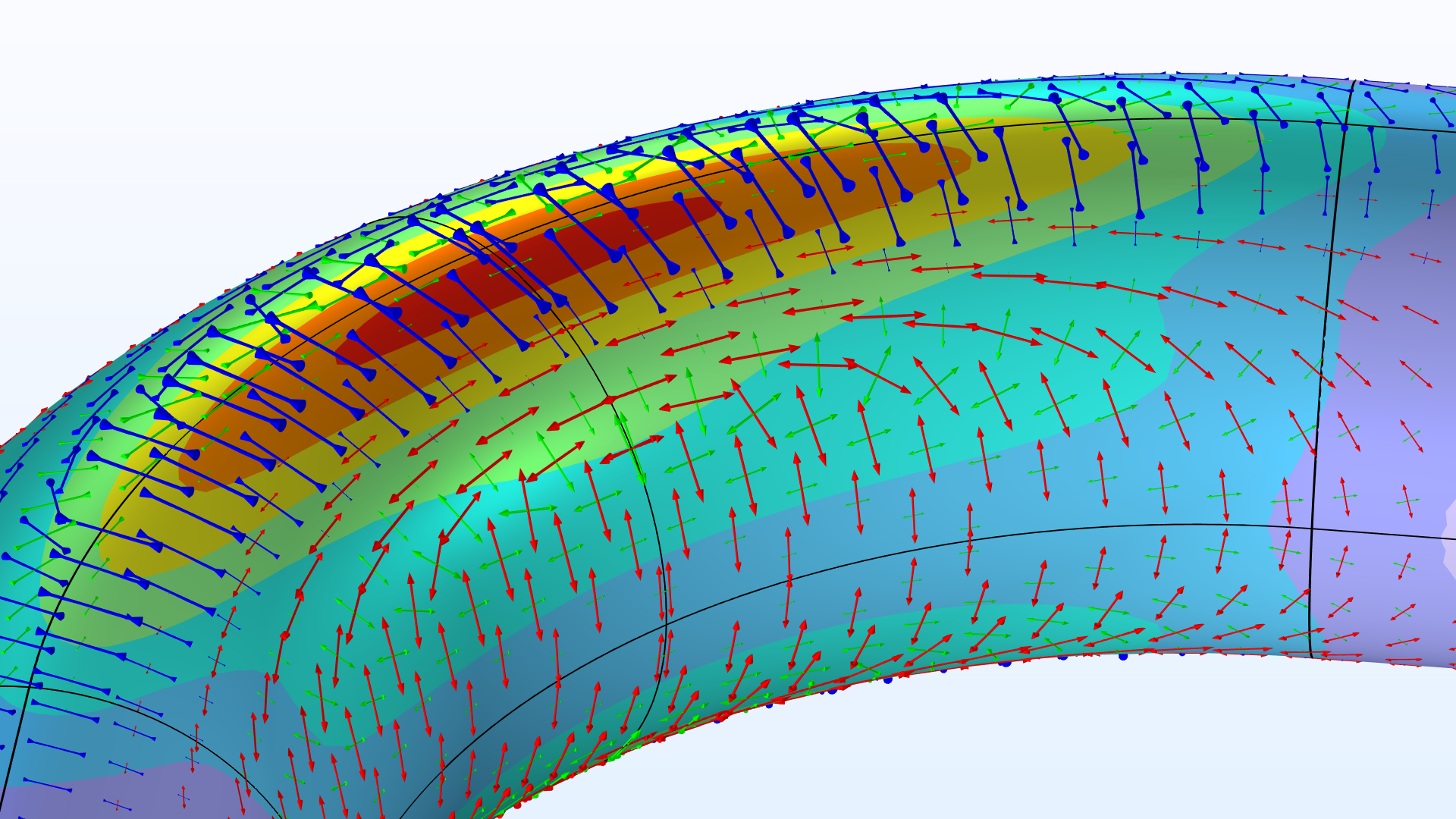 A close-up view of the pipe bend showing the Von Mises stress and principal stresses for a wall thickness of 5 percent.