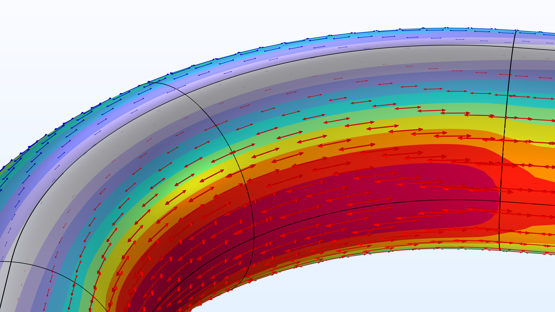 A close-up view of the pipe bend showing the Von Mises stress and principal stresses for a wall thickness of 75 percent.