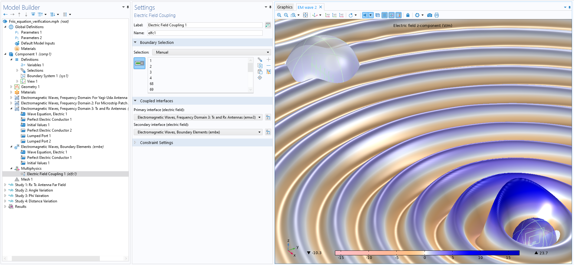 The COMSOL Multiphysics UI showing the Model Builder with the Electric Field Coupling interface selected, the corresponding Settings window, and a model of  transmitter and receiver antennas in the EM wave 2 window.