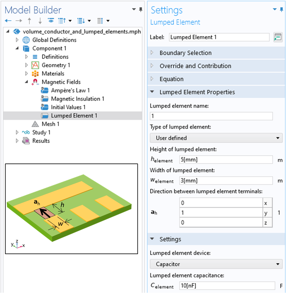 The COMSOL Multiphysics UI showing the Model Builder with the Lumped Element feature highlighted and the corresponding Settings window with the Lumped Element Properties and Settings sections expanded.